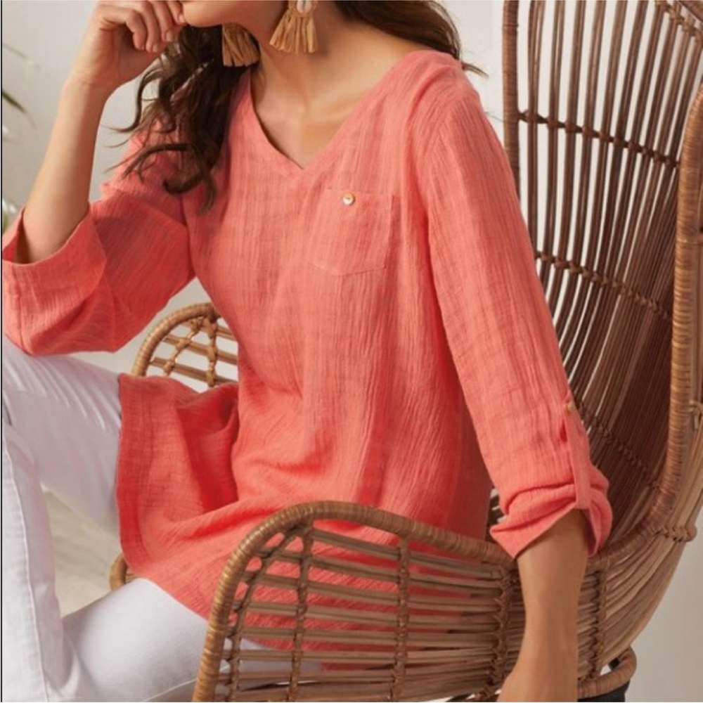 Soft Surroundings Topanga Solid Minimalist Hot Coral Tab Sleeve Tunic Top XS